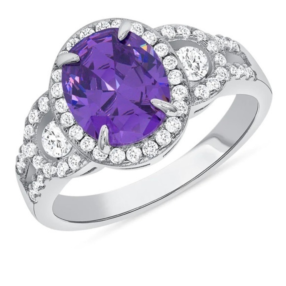 Oval Sterling Silver 925 Rhodium Plated Clear and Purple Ring 5 6 7 8 9 10 11